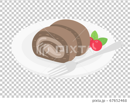 皿にのせたチョコレートロールケーキのイラスト 67652468