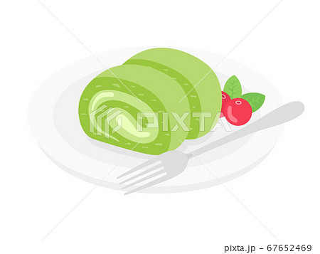 皿にのせた抹茶ロールケーキのイラスト 67652469