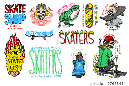 Skateboard shop badges and logo set. Vintage retro Templates for t-shirts and typography. Street 67653454