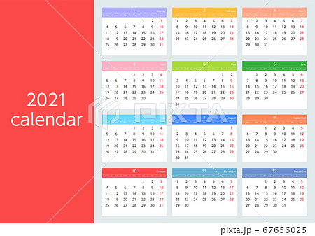 21年の月曜始まりカラフルカレンダーのイラスト素材
