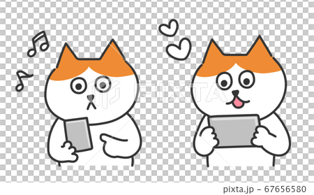 スマートフォンで楽しむ茶白猫　イラスト 67656580