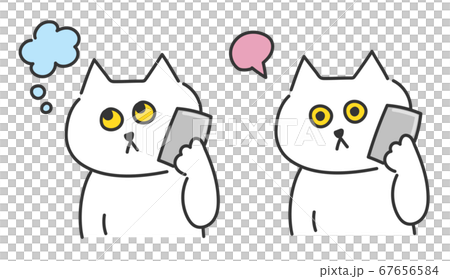 スマートフォンで電話をかける白猫 イラストのイラスト素材