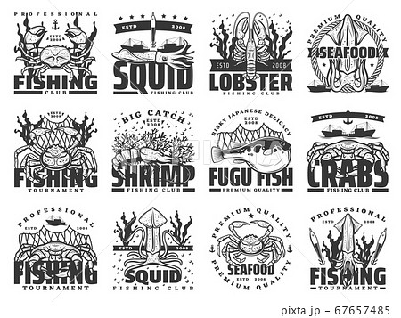 Fishing sport, fish and seafood isolated icons 67657485