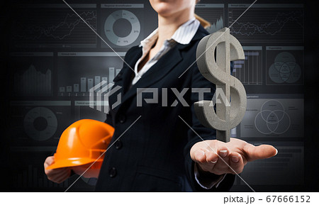 Businesswoman holds in palm 3d dollar sign Businesswoman holds in palm 3d dollar sign 67666152