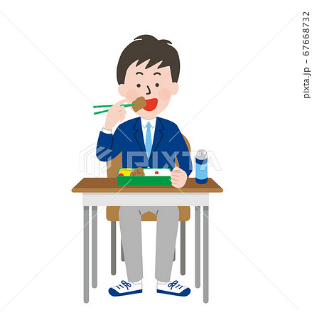 席に座ってお弁当を食べる男子学生のイラスト素材