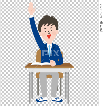 手を上げる笑顔の男子学生 67668744