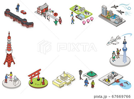 ようこそ 東京へ 東京の観光名所イメージイラスト コピースペース アイソメトリック 等尺性のイラスト素材