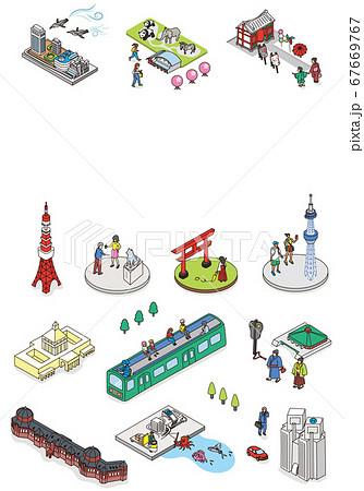 ようこそ 東京へ 東京の観光名所イメージイラスト コピースペース アイソメトリック 等尺性のイラスト素材