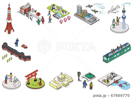 ようこそ 東京へ 東京の観光名所イメージイラスト コピースペース アイソメトリック 等尺性のイラスト素材