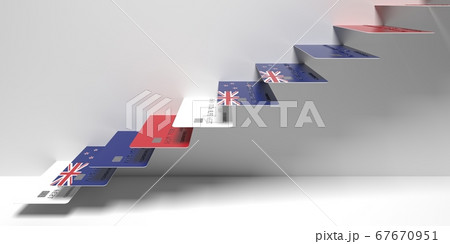 Flag of New Zealand on bank cards as stairs of a staircase. Consumer loans related 3D rendering Flag of New Zealand on bank cards as stairs of a staircase. Consumer loans related 3D rendering 67670951