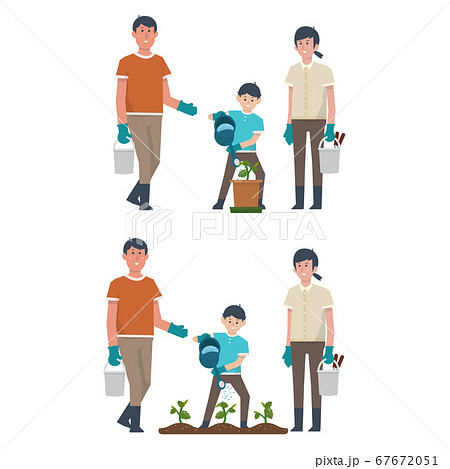水やりをしている子供 家庭菜園 栽培 土いじり 畑 野菜作り イラストのイラスト素材