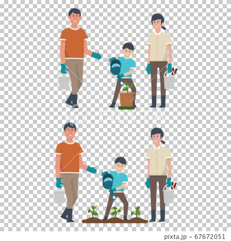 水やりをしている子供 家庭菜園 栽培 土いじり 畑 野菜作り イラストのイラスト素材