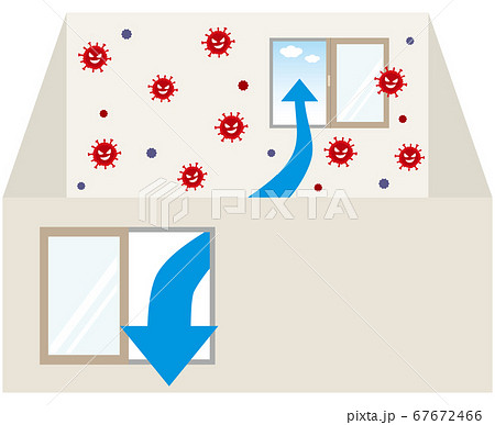 ウイルスが蔓延した部屋の窓を2箇所開けて換気しているイラストのイラスト素材