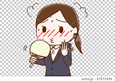 一個穿著西裝的女人，因為天氣越來越熱，戴著風扇 67672894