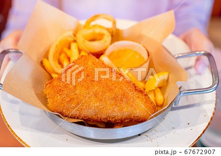 Delicious tasty look crispy fish and chip with dipping sauce fatty deep fried 67672907