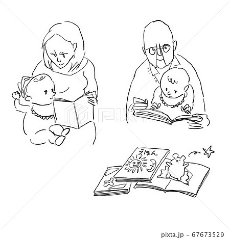 赤ちゃんに絵本 本を読み聞かせる女性と老人 白背景 線画 のイラスト素材