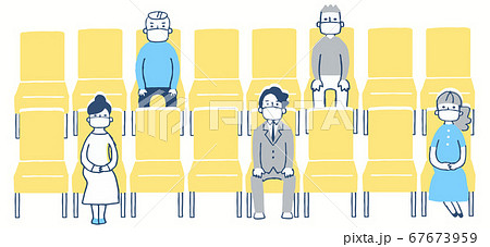 一定の距離をとって座席に座る人々のイラスト素材