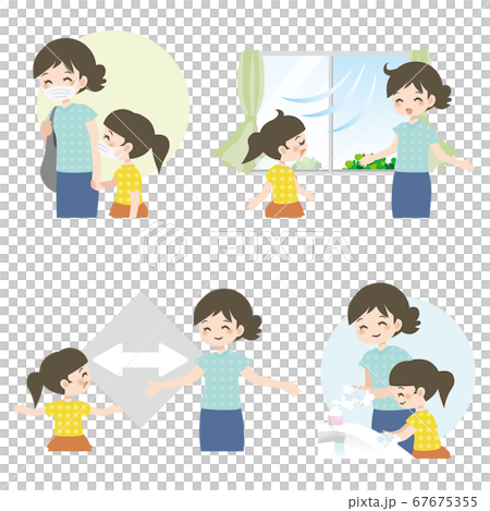 Corona measures set _ mom and daughter _ smile 67675355