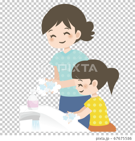 Hand wash _ mom and daughter _ smile _ background white 67675586