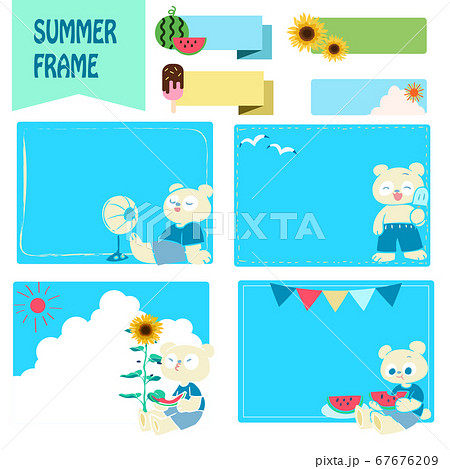 ホッキョクグマの手描きイラストと夏素材フレームセット 67676209