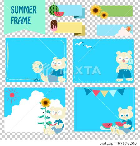 ホッキョクグマの手描きイラストと夏素材フレームセット 67676209