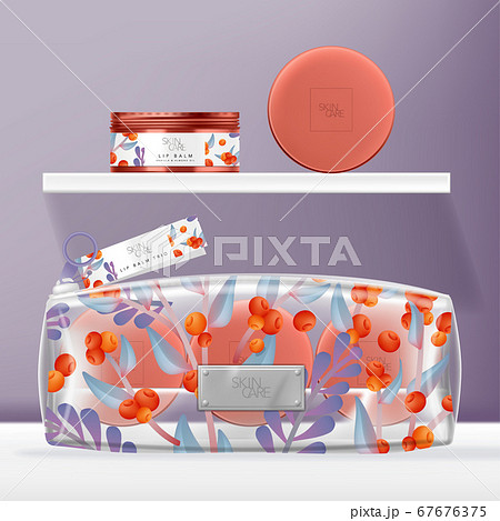 Vector Transparent PVC Cosmetics, Beauty or Wash Bag Set with Tinted Screw Cap Tin Jar Packaging. Orange & Purple Floral Pattern Printed. Vector Transparent PVC Cosmetics, Beauty or Wash Bag Set with Tinted Screw Cap Tin Jar Packaging. Orange & Purple Floral Pattern Printed. 67676375