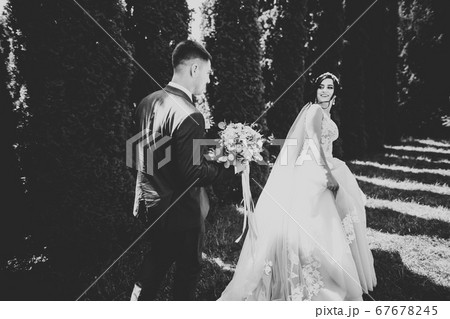 Romantic, fairytale, happy newlywed couple hugging and kissing in a park, trees in background Romantic, fairytale, happy newlywed couple hugging and kissing in a park, trees in background 67678245