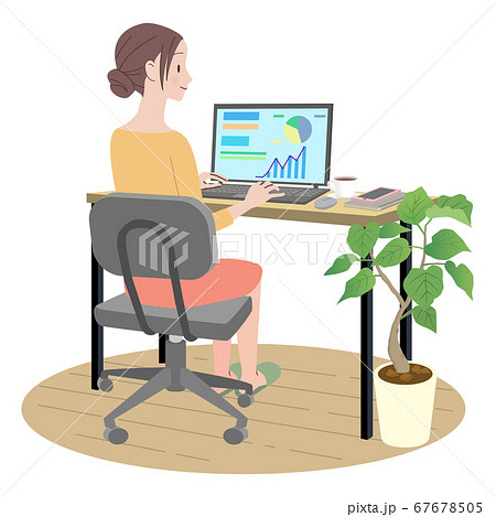 パソコンで在宅ワークをする女性のイラスト素材