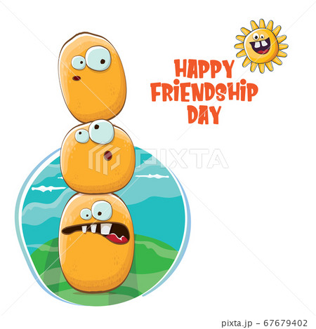 Happy friendship day banner with friends tiny kids potato characters having fun on green field. Happy Friendship day vector illustration. funky kids potato with friends Happy friendship day banner with friends tiny kids potato characters having fun on green field. Happy Friendship day vector illustration. funky kids potato with friends 67679402