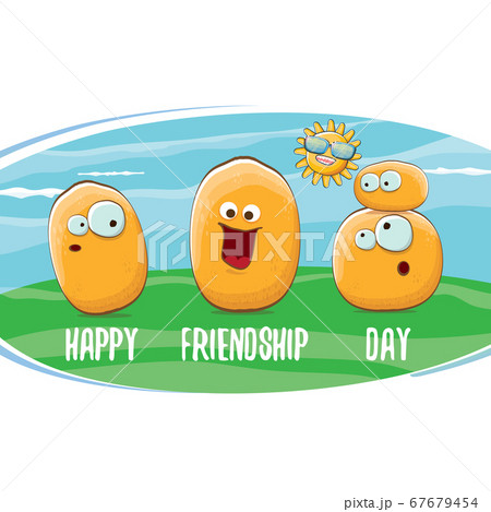 Happy friendship day banner with friends tiny kids potato characters having fun on green field. Happy Friendship day vector illustration. funky kids potato with friends 67679454