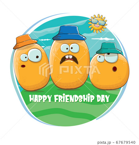 Happy friendship day banner with friends tiny kids potato characters having fun on green field. Happy Friendship day vector illustration. funky kids potato with friends 67679540