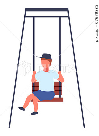 Child in cap rides swing. Happy fun time. Vector cartoon classic style illustration of a little boy 67679835