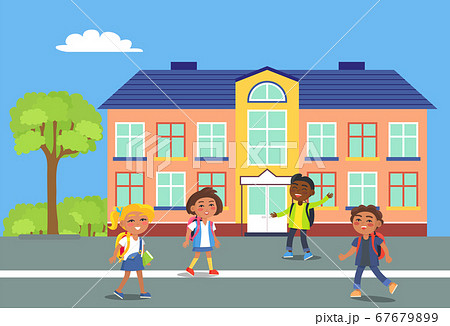 Happy kids go to school with backpacks. Cartoon building school, green landscape. Modern education 67679899
