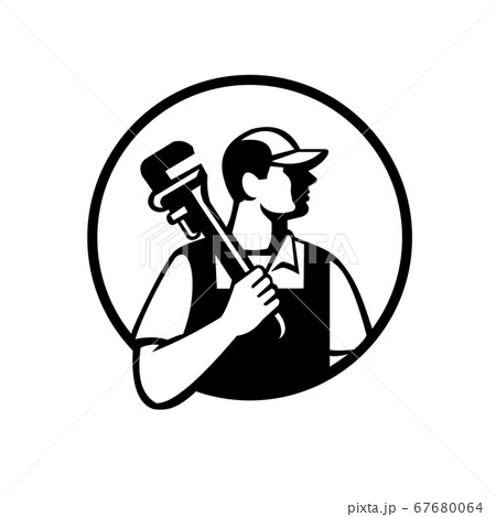 Plumber Holding Pipe Wrench Looking to Side Circle 67680064