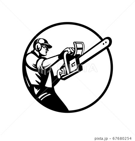 Arborist or Tree Surgeon Holding Chainsaw Side 67680254