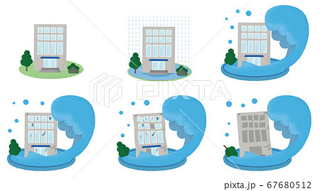 浸水の被害に遭うビルのベクターイラストセット 67680512