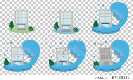 浸水の被害に遭うビルのベクターイラストセット 67680512