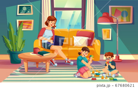 Mother children spend summer weekend time at home 67680621