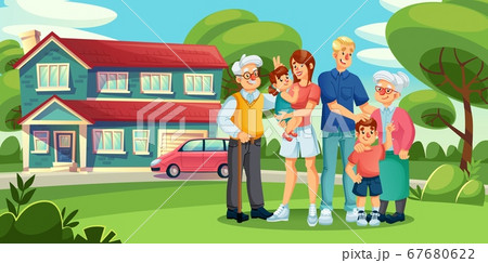 Gathering big family standing in suburb house yard 67680622