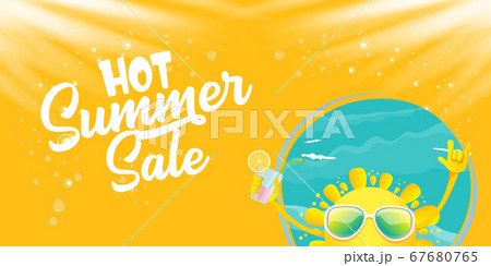 summer sale cartoon horizontal web banner or vector label with happy sun character wearing sunglasses and holding cocktail isolated on horizontal background 67680765