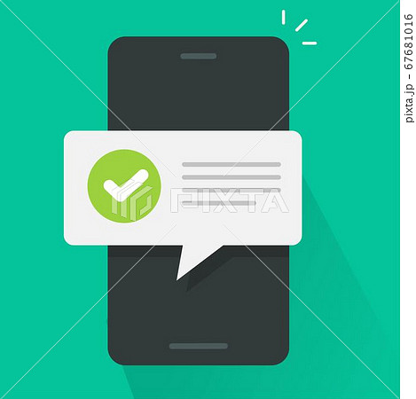 Push notice notification message on mobile phone, smartphone cellphone sms speech bubble with updated checkmark tick and text vector flat cartoon, digital update completion or accepted alerts 67681016