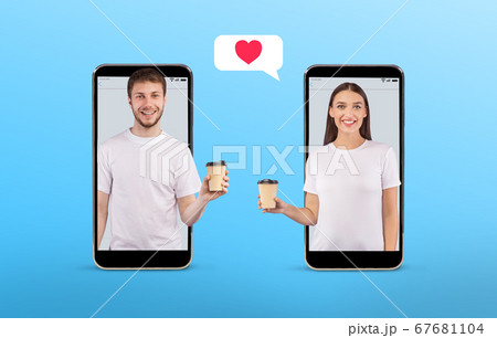 Collage of two lovers standing on phone screens holding coffee Collage of two lovers standing on phone screens holding coffee 67681104