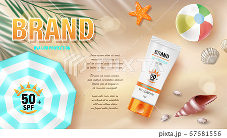 Sun protection, sunscreen and Sunblock ads design, top view. Cosmetic banner with sea shells and tropical plants on beautiful Beach. vector illustration 67681556