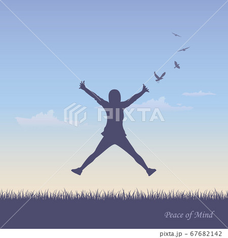 happy girl with raised arms jumps on summer landscape 67682142