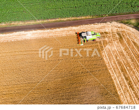 Aerial drone top view Big powerful industrial combine harvester machine reaping golden ripe wheat cereal field on bright summer or autumn day. Agricultural yellow field machinery landscape background 67684718