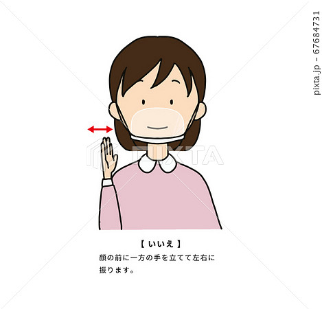 手話をする透明マスクをつけた女性（いいえ） 67684731