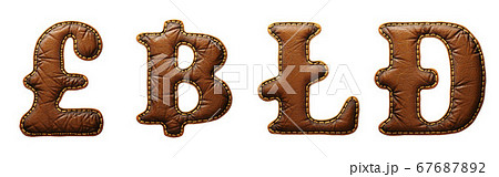 Set of symbols lira, baht, litecoin, dashcoin made of leather. 3D render font with skin texture isolated on white background. 67687892