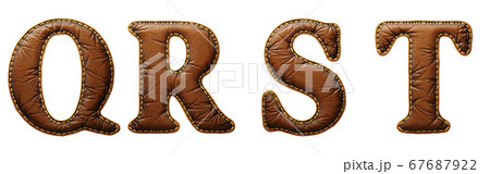 Set of leather letters Q, R, S, T uppercase. 3D render font with skin texture isolated on white background. Set of leather letters Q, R, S, T uppercase. 3D render font with skin texture isolated on white background. 67687922