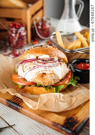 Chicken breast burger set with cheese sauce Chicken breast burger set with cheese sauce 67688167