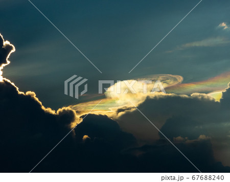 Soft of focus. Iridescent pileus cloud in the sky before sunset Soft of focus. Iridescent pileus cloud in the sky before sunset 67688240